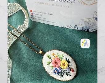 Hand Embroidered Floral Pendant Necklace: Antique Bronze Vintage Style