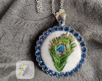 Hand Embroidered Peacock Feather Pendant: Silver Rhinestone Necklace