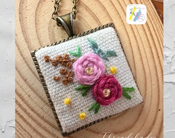 Handmade Floral Embroidered Pendant: Antique Bronze Square Necklace