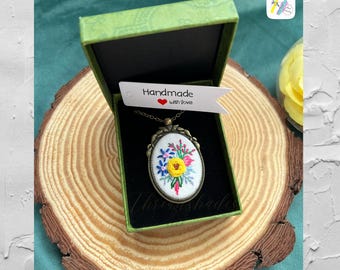 Handmade Floral Embroidery Necklace: Vintage Bronze Oval Pendant
