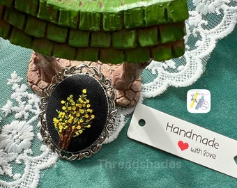 Hand Embroidered Brooch: Yellow Blossom, Antique Silver Pin