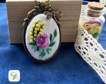 Hand Embroidered Floral Pendant Necklace: Antique Bronze, Linen