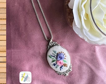 Hand Embroidered Floral Pendant: Antique Silver Necklace