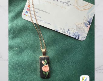 Hand Embroidered Peach Rose Pendant: Rose Gold Necklace