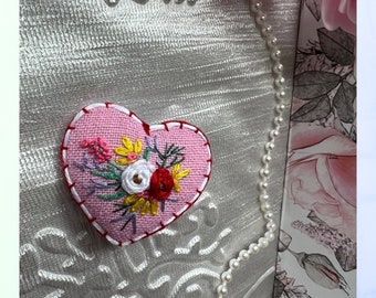 Handmade Floral Embroidered Heart Brooch: Pink Cotton Pin