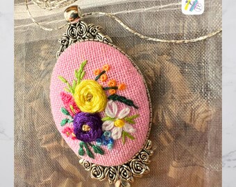 Handmade Floral Embroidery Necklace: Antique Silver Pendant