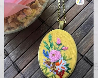 Hand Embroidered Floral Necklace: Vintage Bronze Pendant