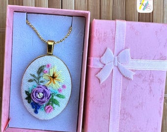 Hand Embroidered Rose Pendant Necklace: Antique Gold Floral Jewelry