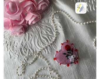 Hand Embroidered Heart Brooch: Rose Design, Valentine's Gift