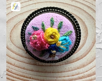 Hand Embroidered Floral Brooch: Antique Bronze Pin, DMC Threadwork