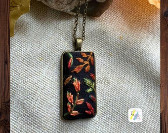 Handmade Embroidery Necklace: Antique Bronze Autumn Leaves Pendant