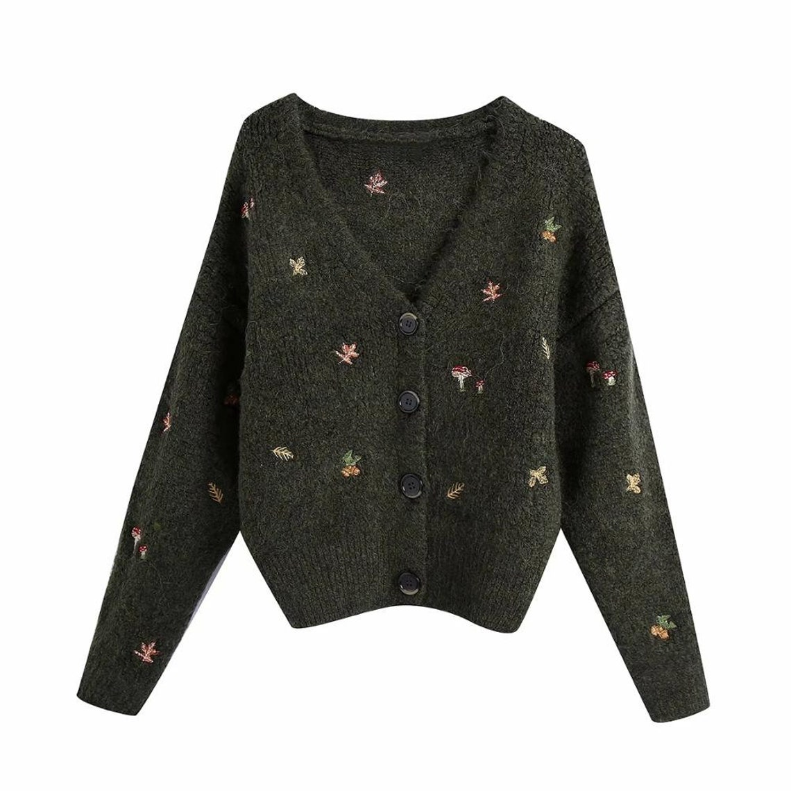 Embroidered Forest Cardigan | Embroidered Leaves Cardigan | Embroidered Cardigan | Harajuku Cardigan | V Neck Womens Cardigan