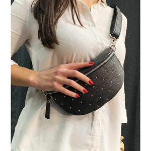 Leather studded small fanny pack with removable leather strap, bum bam, studded belt bag,