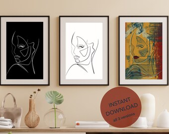 Abstract minimalist simple line portrait, minimalist art, modern abstract art, female portrait, line drawing, set of prints, printable art,