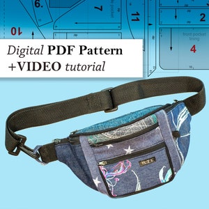 Pdf digital pattern for sewing 6 pocket BELT BAG / fanny pack / bum bag / hip bag / waist pouch video tutorial