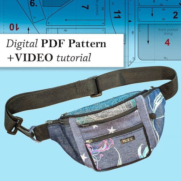 Pdf digital pattern for sewing 6 pocket BELT BAG / fanny pack / bum bag / hip bag / waist pouch video tutorial
