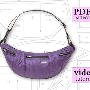 Könnte beinhalten: Eine gesteppte lila Bauchtasche mit schwarzen Reißverschlüssen und einem schwarzen Riemen. Die Tasche trägt den Text "ILZE" auf der Vorderseite. Das Bild enthält auch den Text "PDF pattern" und "video tutorial".