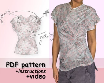 Jersey Top for sewing PDF Digital Pattern / Knit Asymmetric Top With Gathering And Ruffle Sleeves 6 sizes