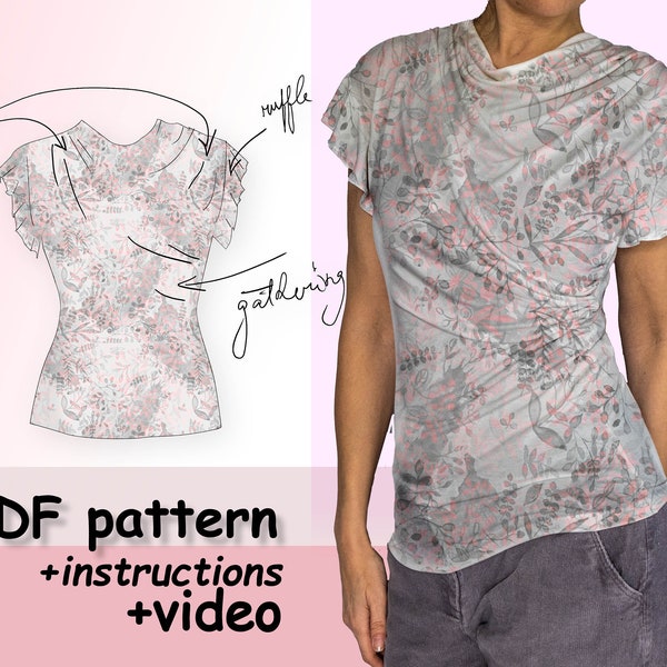 Jersey Top for sewing PDF Digital Pattern / Knit Asymmetric Top With Gathering And Ruffle Sleeves 6 sizes