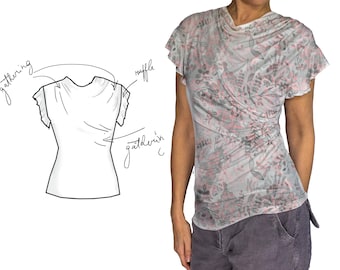 Jersey Top for sewing PDF Digital Pattern / Knit Asymmetric Top With Gathering And Ruffle Sleeves 6 sizes