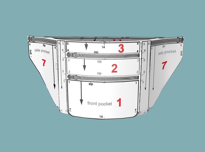 Pdf digital pattern for sewing 6 pocket BELT BAG / fanny pack / bum bag / hip bag / waist pouch video tutorial image 6