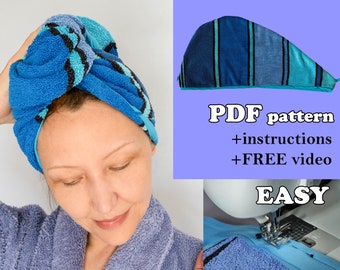 Easy Sewing Pattern Hair Turban Towel Wrap PDF Digital / Turban/ Terry Toweling Wrap Towel - Beginner Sewing Video Tutorial