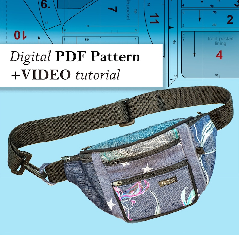 Pdf digital pattern for sewing 6 pocket BELT BAG / fanny pack / bum bag / hip bag / waist pouch video tutorial image 1