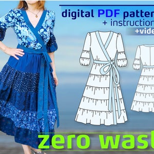 Zero Waste sewing pattern / Summer Dress / Wrap Dress / Recycling Project / Ruffle Dress / Summer Midi Dress / Patchwork Dress