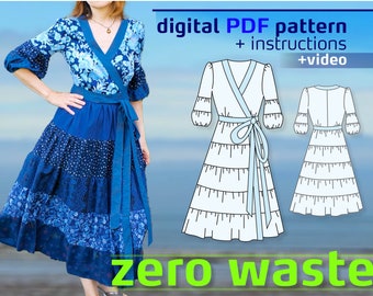 Zero Waste sewing pattern / Summer Dress / Wrap Dress / Recycling Project / Ruffle Dress / Summer Midi Dress / Patchwork Dress