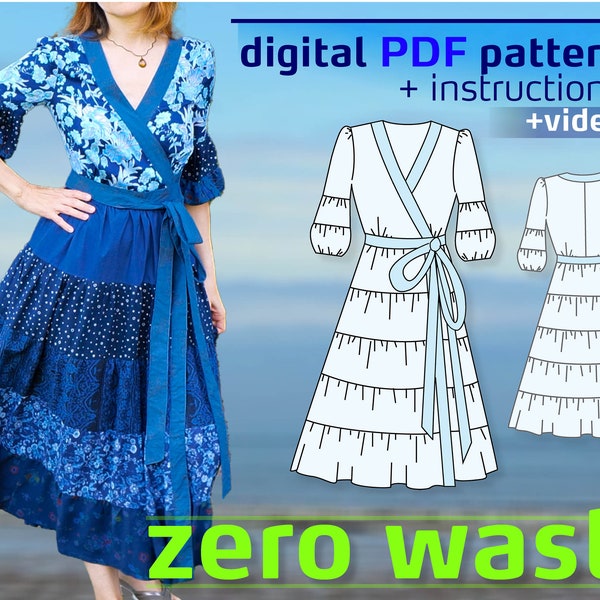 Zero Waste sewing pattern / Summer Dress / Wrap Dress / Recycling Project / Ruffle Dress / Summer Midi Dress / Patchwork Dress