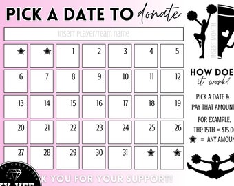 Pick a date to donate cheer, cheerleading fundraising calendar, printable fundraiser, ready to print, sponsor my season, Instant download