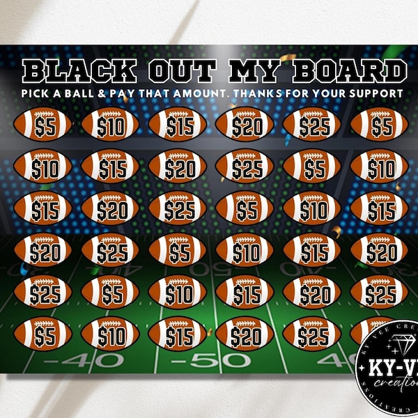 Black out my board for football sports club, clear the board pick a ball to donate team fundraising, ready to print or post on social media