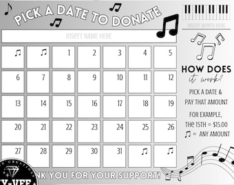 Pick a date to donate music calendar, printable fundraiser, pay the day, musical band fundraising, sponsor my season, ready to print PDF