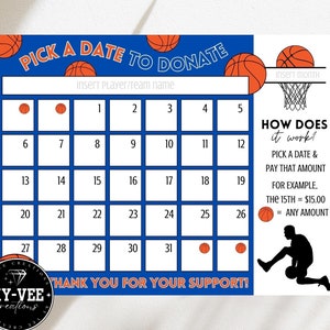 Pick a date donate basketball calendar, printable bball fundraiser, pay the day, sports team fundraising, sponsor my season, ready to print