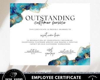 Puede incluir: Una plantilla de certificado imprimible con un diseño de mármol azul y dorado. El texto dice "Servicio al cliente excepcional" e incluye espacio para insertar un nombre, fecha, logotipo y firma.