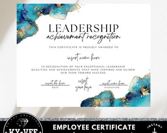 Puede incluir: Una plantilla de certificado imprimible con un diseño de mármol azul y dorado. El texto del certificado dice "Leadership Achievement Recognition".