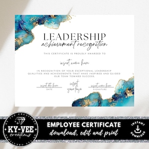 Certificado de reconhecimento de conquista de liderança, DOWNLOAD INSTANTÂNEO, prêmio imprimível para funcionários, modelo editável com tinta azul de álcool