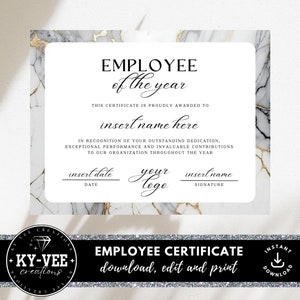 Certificato di dipendente dell'anno, DOWNLOAD IMMEDIATO, premio di apprezzamento per i dipendenti modificabile, modello Canva stampabile con bordo in marmo