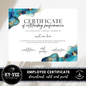 Plantilla para certificado de desempeño sobresaliente, premio de reconocimiento de empleado editable, plantilla Canva imprimible con tinta de alcohol azul