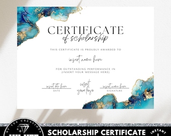 Scholarship award certificate template,  INSTANT DOWNLOAD, Editable scholarship certificate template with blue alcohol ink, Printable gift