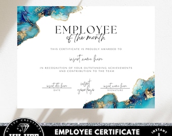 Employee recognition certificate template, INSTANT DOWNLOAD, printable employee of the month award with blue alcohol ink, appreciation gift