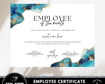 Puede incluir: Plantilla de certificado imprimible con un fondo abstracto azul y dorado. El texto dice "Empleado del mes".