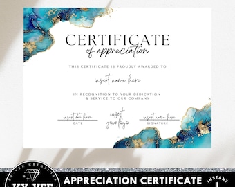 Template for certificate of appreciation, INSTANT DOWNLOAD, Printable employee service recognition celebration award with blue alcohol ink,
