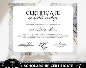 Scholarship award certificate template,  INSTANT DOWNLOAD, Editable Canva award, printable recognition gift with marble border