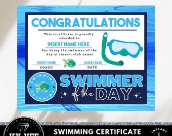 Swimmer Certificate 8.5x11 Save as PDF or JPG Swim - Etsy