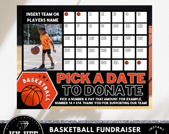 Pick a date to donate basketball editable calendar fundraiser template, pay the day, sports team fundraising Canva flyer with photo, orange
