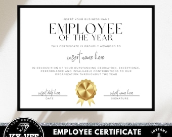 Employee of the year certificate template, INSTANT DOWNLOAD, employee appreciation certificate template, black and gold recognition award