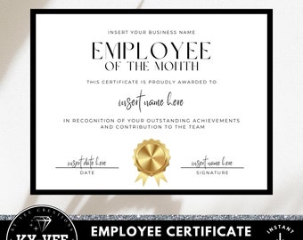 Employee recognition certificate template, INSTANT DOWNLOAD, printable awards from employers, editable employee of the month black and gold