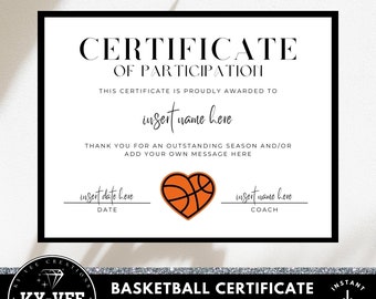 Basketball award certificate template, INSTANT DOWNLOAD, printable b-ball participation recognition, team achievement minimal Canva design