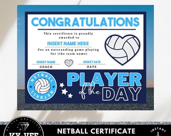 Netball certificate template, INSTANT DOWNLOAD, printable player of the day award, editable Canva template, DIY Coach reward for sports team